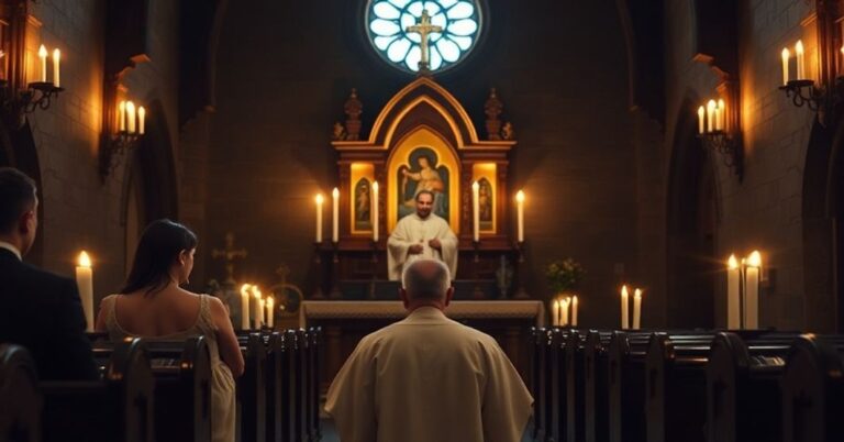 Tradycyjna katolicka kaplica z kapłanem modlącym się przed tabernakulum, otoczona przez twarze Liz Yore, Franka Wrighta i Rachel Mastrogiacomo. Scena oddaje duchowy kryzys w kościole powszechowym.