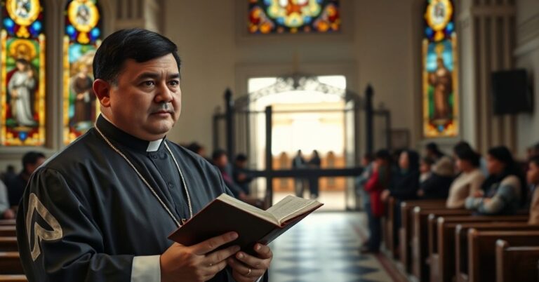 Portret "arcybiskupa" Sergio Pérez de Arce z Concepción w katedrze katolickiej, z migrancką grupyą na tle i José Antonio Kastem w tle.