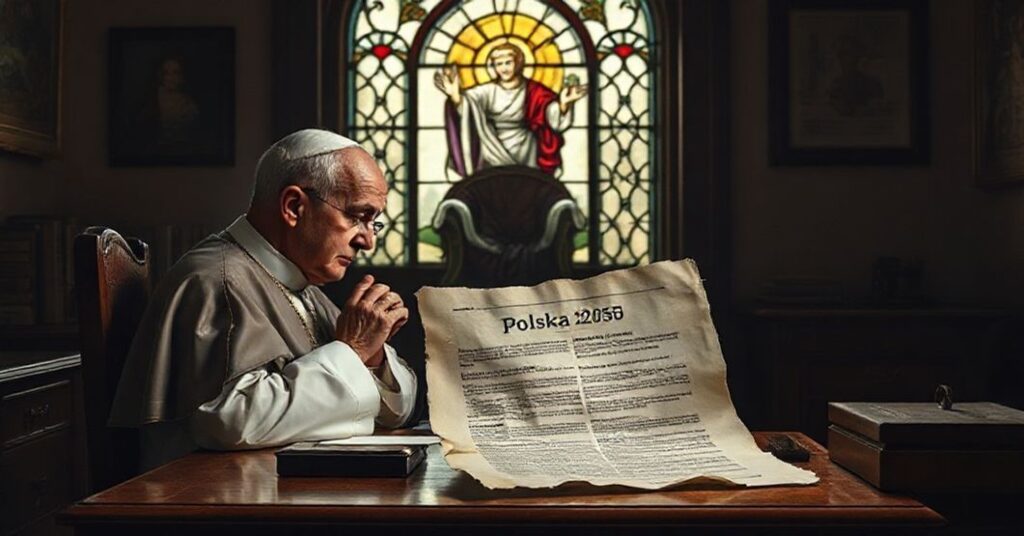 Ksiądz biskup w tradycyjnym stroju modli się przy biurku z opuszczonym politcznym manifestem 'Polska 2050', na tle witrażu z Chrystusem Królem.