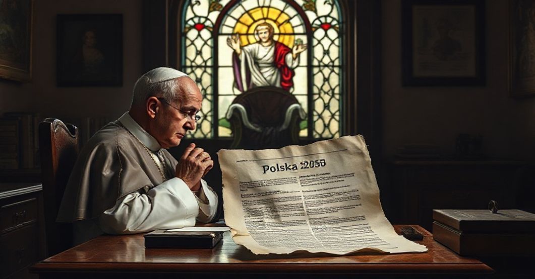 Kryzys wartości w polityce - upadek bez Boga Ksiądz biskup w tradycyjnym stroju modli się przy biurku z opuszczonym politcznym manifestem 'Polska 2050', na tle witrażu z Chrystusem Królem.