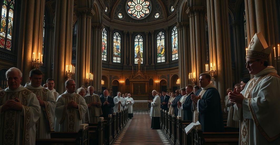 Szczegółowe zdjęcie wnętrza kościoła katolickiego z duchownymi podczas kryzysu moralnego i finansowego w Watykanie