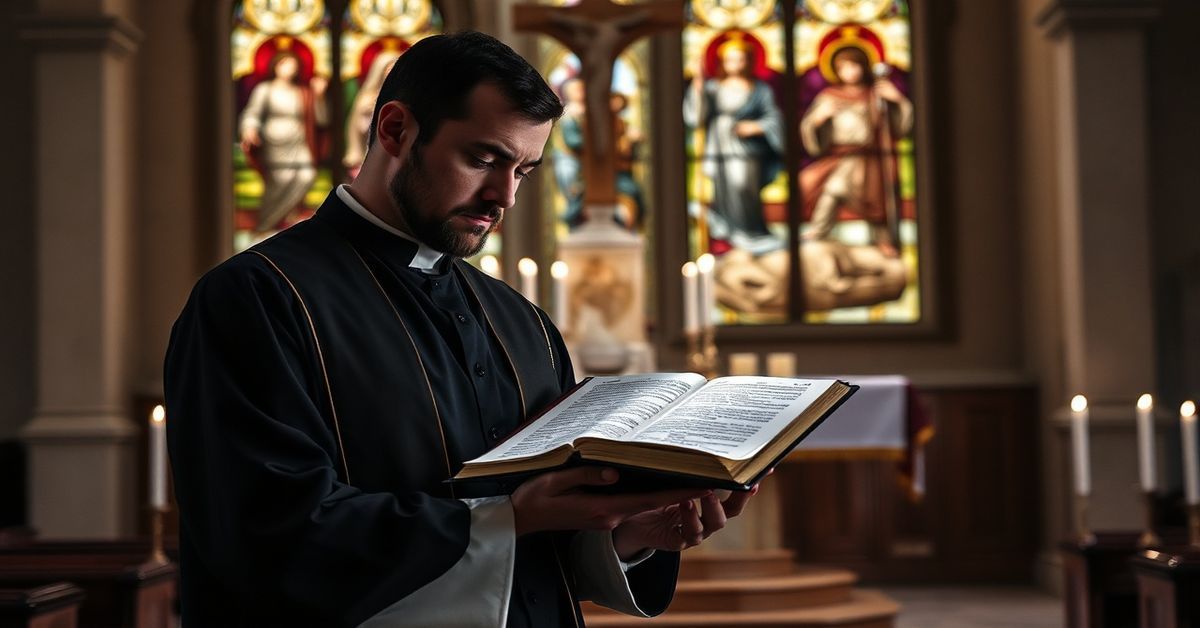 Ksiądz w tradycyjnych szatach liturgicznych trzymający Biblię w kościele katolickim