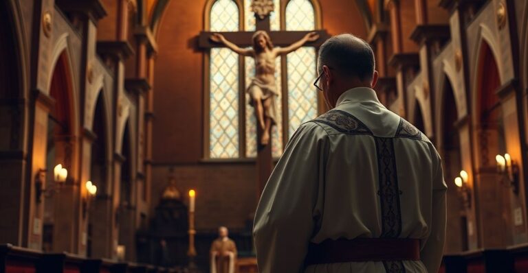 Religijny obraz kapłana w kościele, symbolizujący kryzys wiary i apostazję, z krucyfiksem w tle