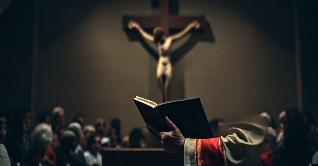 Tradycyjny katolicki księż w uroczystych szatach stoi przy ambonie, trzymając zamkniętą Biblię, patrząc z powagą na zgromadzenie. W tłu żeniowi krzyż dominuje scenę, rzucając długie cienie. Obraz przenosi czciwość, smutek i kryzys duchowy.