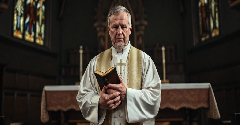 Poważny kapłan w pełnym stroju liturgicznym stoi przed starym ołtarzem w ciemnym wnętrzu kościoła z witrażami przedstawiającymi świętych. Atmosfera jest poważna i poważna, podkreślająca kryzys wiary i zdrady katolickiej doktryny.