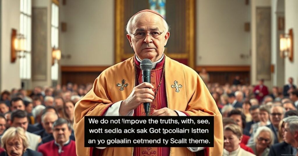 Sobór katolicki z biskupem w nowoczesnej szacie w tle kościoła, ilustrujący kryzys wiary i modernistyczne odchylenia w Kościele