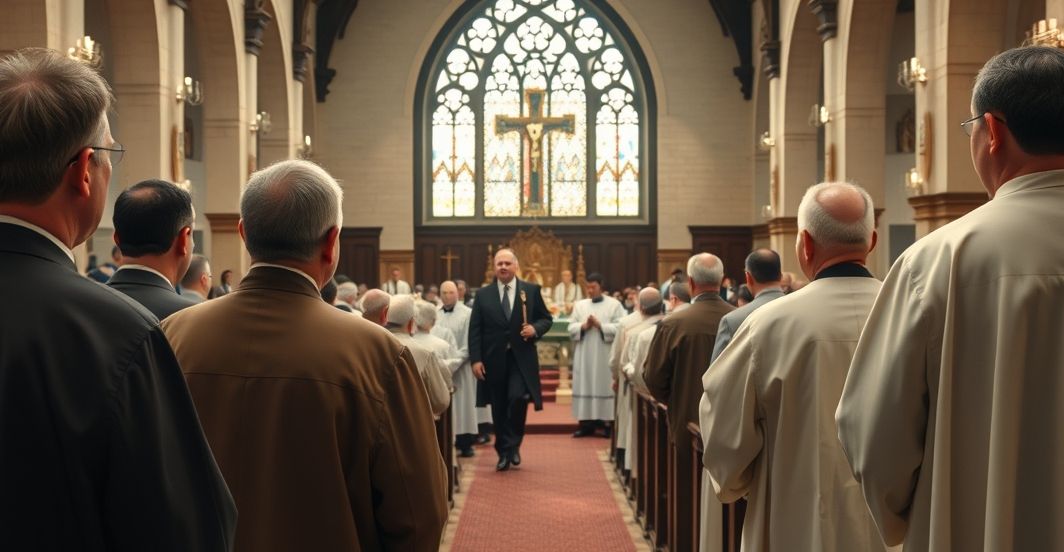 Szczegółowe zdjęcie ukazujące kryzys wiary w kościele katolickim, z duchownymi w nowoczesnych strojach podczas kontrowersyjnego zgromadzenia w tradycyjnej świątyni