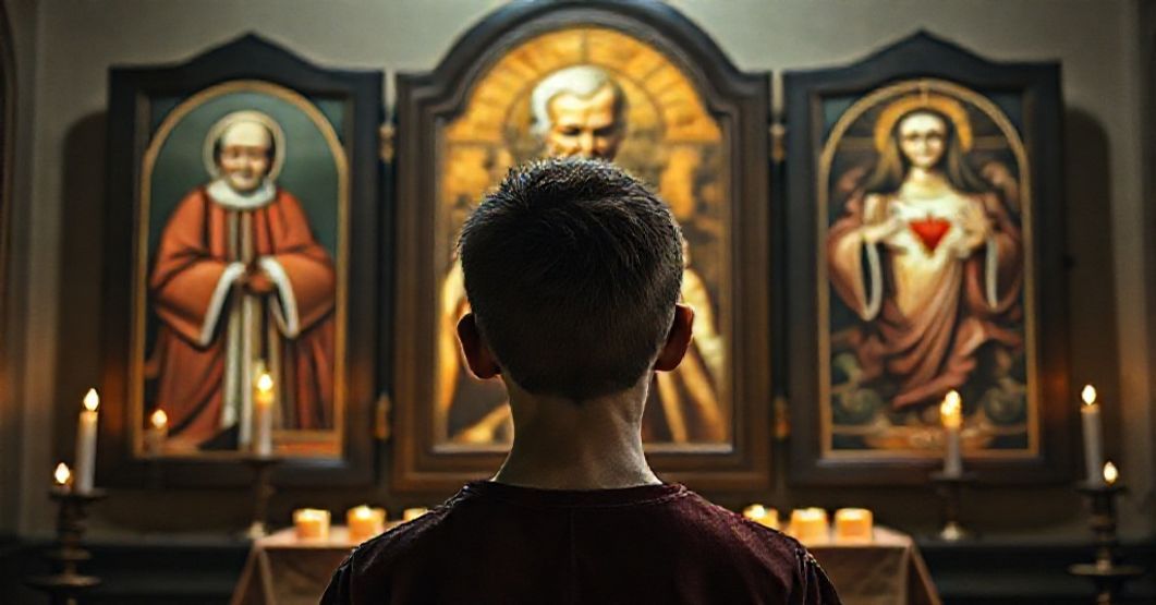 Kult Jan Paweł II jako remedium na kryzys posoborowego Kościoła Młody człowiek w tradycyjnej kaplicy katolickiej przed ołtarzem z obrazami świętego i kontrowersyjnego papieża, symbolizującym kryzys wiary w Kościele posoborowym.