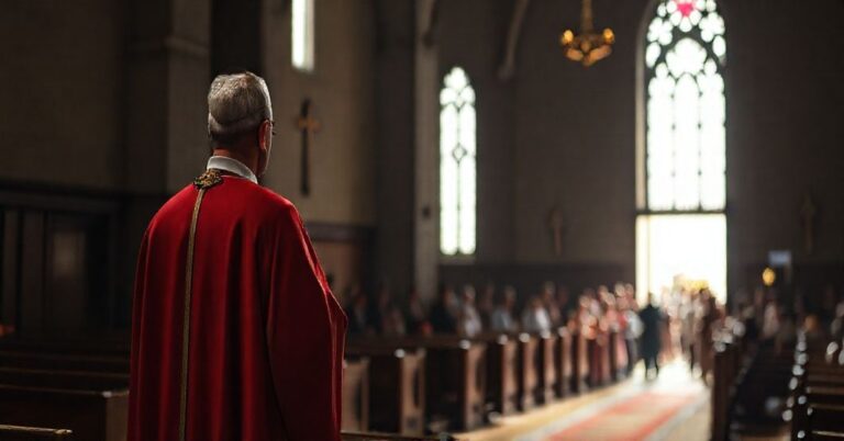 Tradycyjny katolicki ksiądz w liturgicznych szatach trzyma krzyż w ciemnym kościele, patrzący na odległy ekumeniczny festiwal młodych ludzi bez zachowania pobożności.