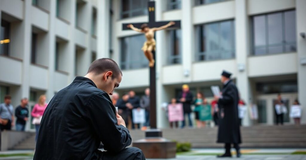 Tradycyjny katolicki student modli się przed krzyżem w Uniwersytecie Katolickim Lubelskim
