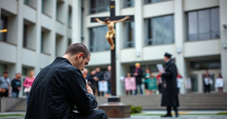Tradycyjny katolicki student modli się przed krzyżem w Uniwersytecie Katolickim Lubelskim
