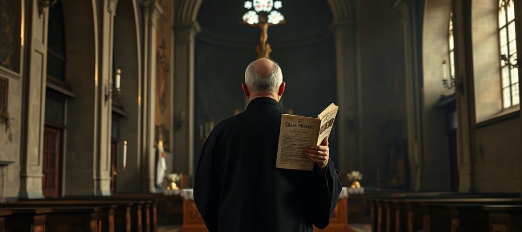 Tradycyjny katolicki ksiądz w sutannie stoi przed ołtarzem z krzyżem, trzymając encyklikę Piusa XI 'Quas Primas', symbolizując kryzys wiary w Niemczech z powodu apostazji posoborowej.