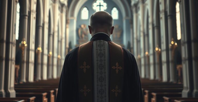 Obraz ukazujący kapłana w tradycyjnej liturgii, symbolizującego kryzys wiary i apostazję w Kościele katolickim