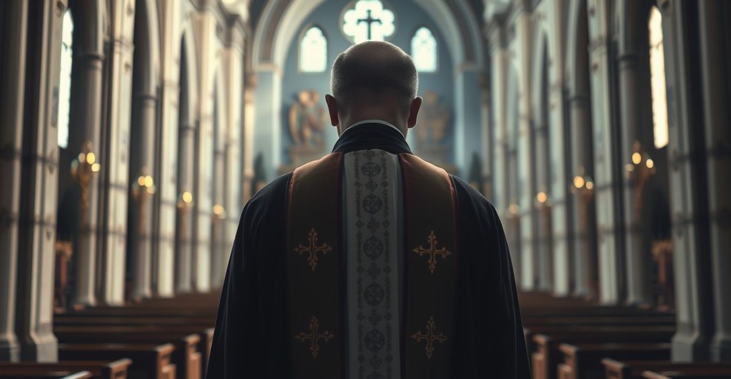 Kryzys wiary i apostazja w Kościele katolickim - obraz refleksji Obraz ukazujący kapłana w tradycyjnej liturgii, symbolizującego kryzys wiary i apostazję w Kościele katolickim