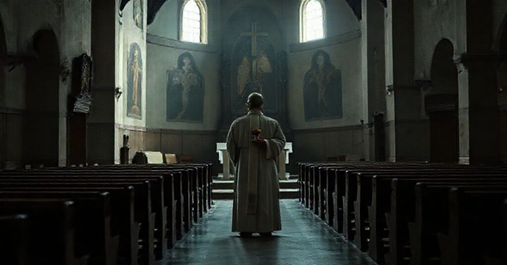 Pusta kościł posoborowa z ołtarzem modernistycznym i samotnym księżem w kasułce przy ołtarzu