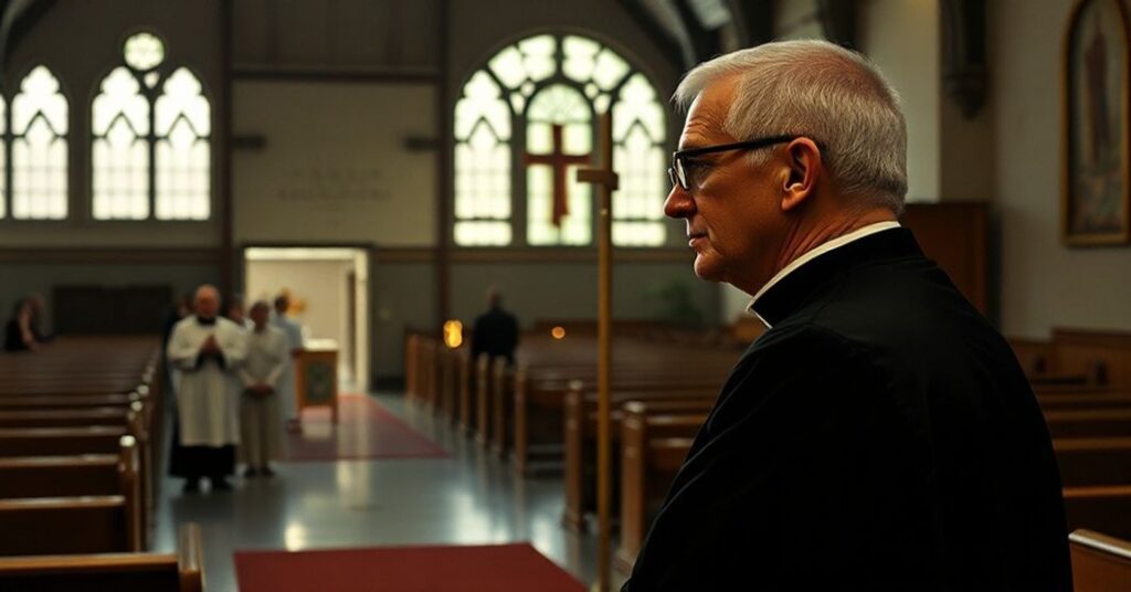 Ksiądz w tradycyjnym stroju katolickim patrzy z troską na sekularyzowaną "mszę" przy ośrodku ICE z Rachel Maddow i Timothym Snyderem na tle.