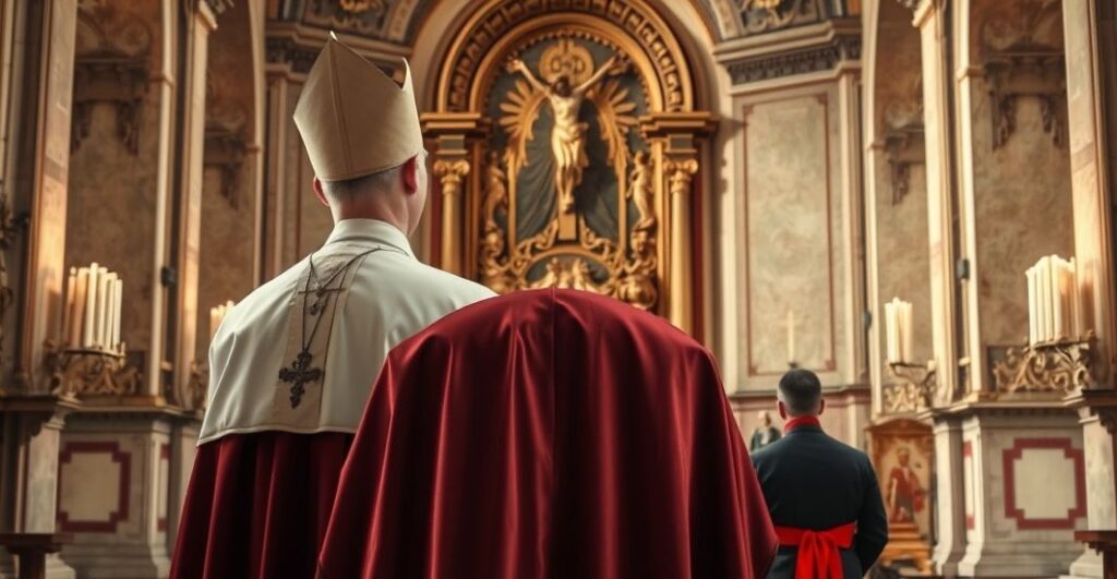 Reverentny obraz katolickiego biskupa w tradycyjnym stroju, przed ołtarzem z krucyfiksem, ukazujący kryzys wiary i schizmy w Kościele, odzwierciedlający stanowisko sedevacantistyczne