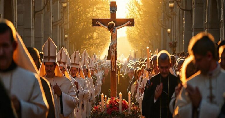 Pielgrzymka katolicka w Szczecinie z procesją modlących się wiernych z krzyżem i różańcem w rękach, symbolizująca kryzys wiary spowodowany apostazją po Soborze Watykańskim II.