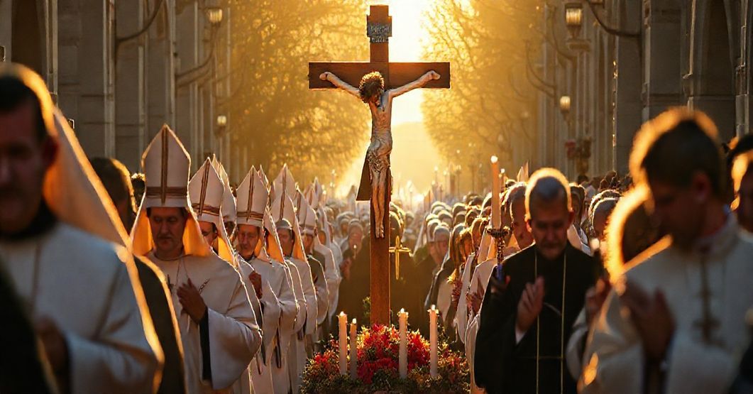 Pielgrzymka katolicka w Szczecinie z procesją modlących się wiernych z krzyżem i różańcem w rękach, symbolizująca kryzys wiary spowodowany apostazją po Soborze Watykańskim II.