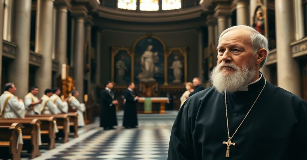 Stary ksiądz w sutannie stojący przed opuszczonym ołtarzem kościoła, w tle nowocześni duchowni dyskutujący o filozoficznych tematach.