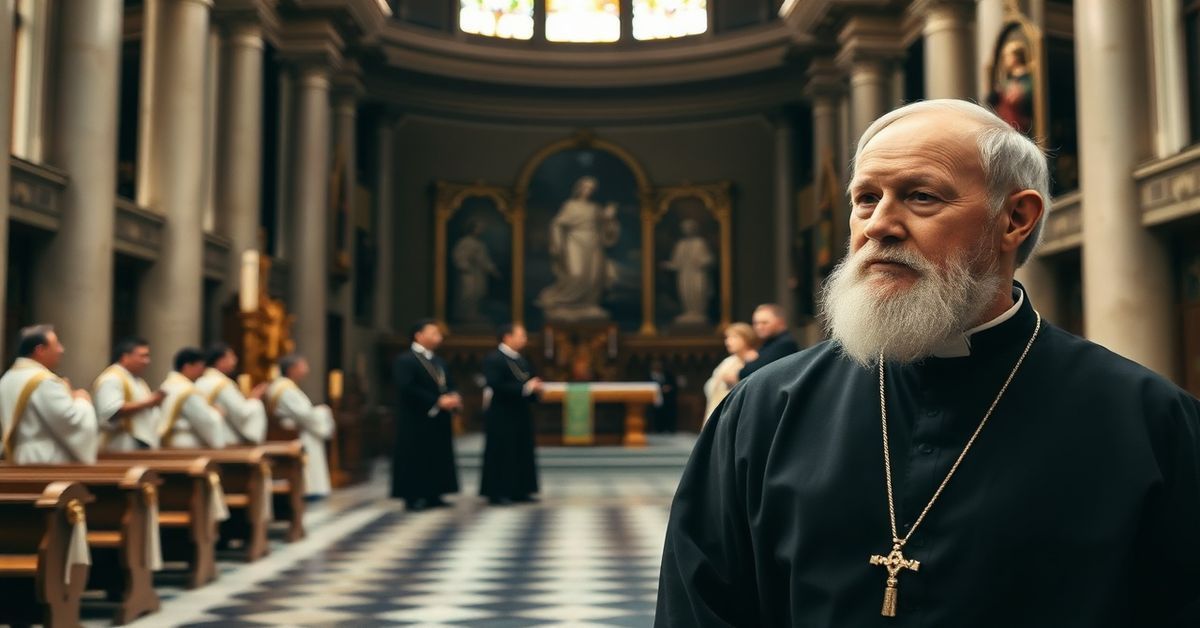 Stary ksiądz w sutannie stojący przed opuszczonym ołtarzem kościoła, w tle nowocześni duchowni dyskutujący o filozoficznych tematach.