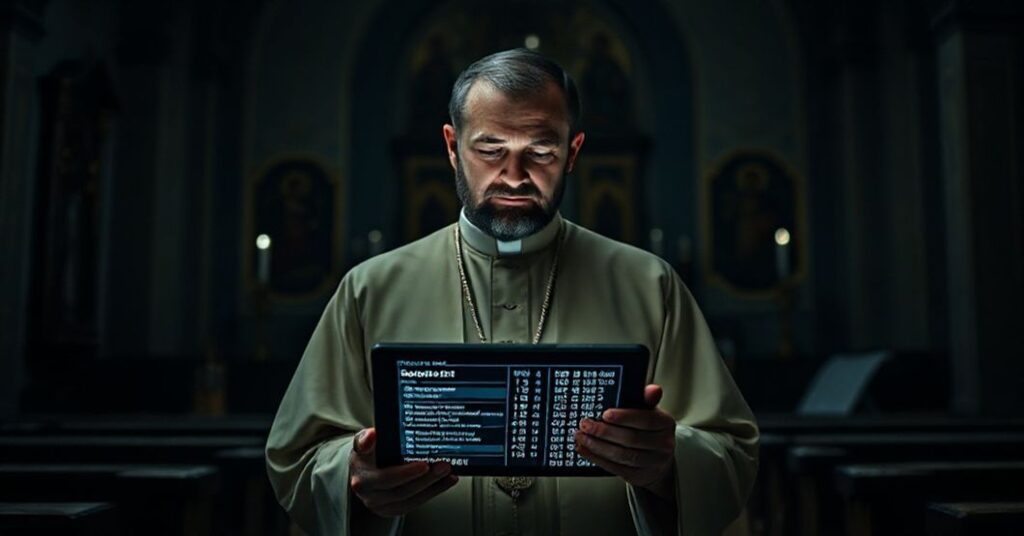 Ksiądz w tradycyjnych szatach kościelnych czytający raport sondżowy w ciemnej cerkwi ukraińskiej, symbolizujący kryzys wiary