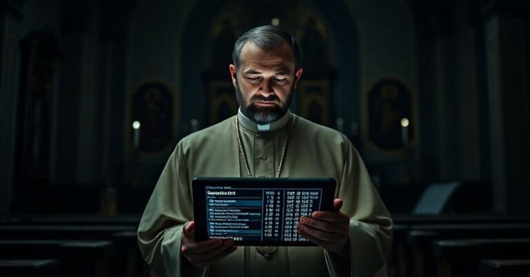 Ksiądz w tradycyjnych szatach kościelnych czytający raport sondżowy w ciemnej cerkwi ukraińskiej, symbolizujący kryzys wiary