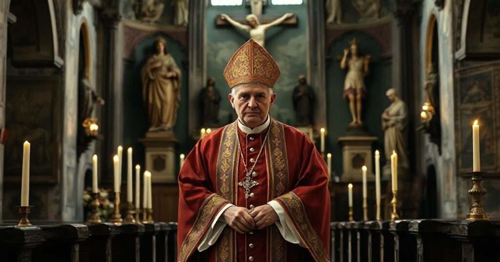 Wnętrze tradycyjnego kościoła z biskupem w pełnym stroju liturgicznym stojącym przy ołtarzu, symbolizującym kryzys wiary i upadek moralny.