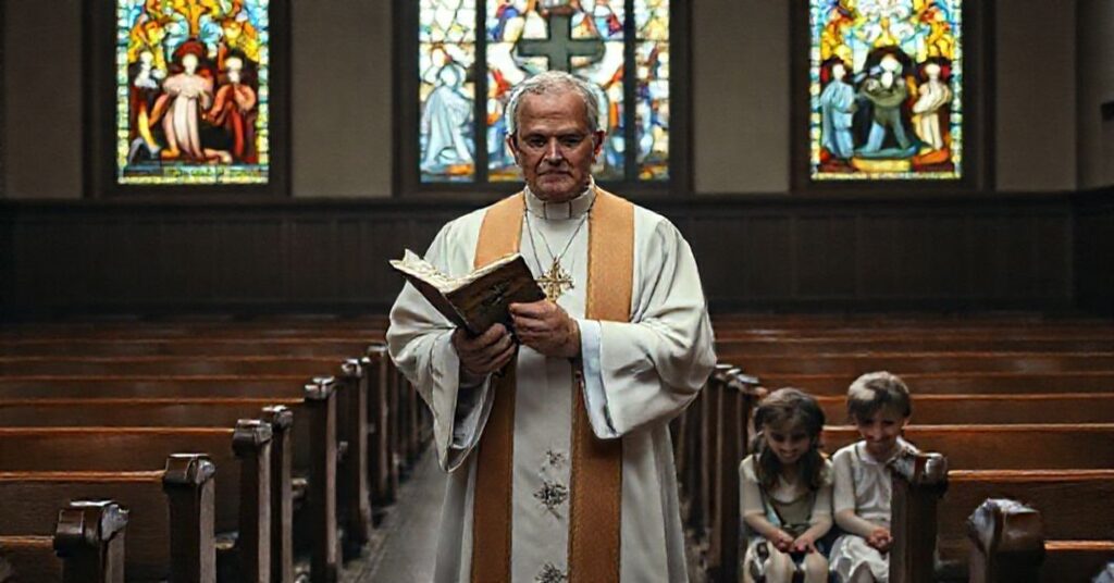 Prawdziwy ksiądz katolicki stoi przed pustym łożem kościelnym, trzymając zniszczony katechizm, symbolizując kryzys wiary w Ameryce