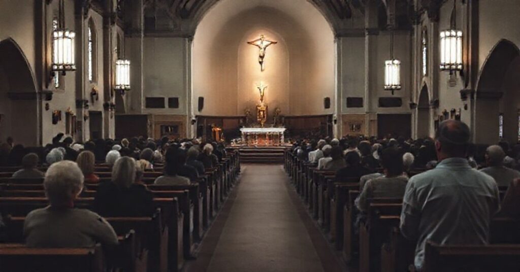 Wnętrze katolickiego kościoła z pustymi ławkami i słabo oświetlonym ołtarzem. Kilka wiernych modli się tradycyjnie, podczas gdy inni wyglądają na rozproszeniu. Scena symbolizuje kryzys wiary opisany w artykule.
