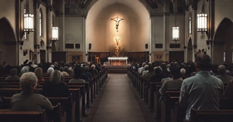 Wnętrze katolickiego kościoła z pustymi ławkami i słabo oświetlonym ołtarzem. Kilka wiernych modli się tradycyjnie, podczas gdy inni wyglądają na rozproszeniu. Scena symbolizuje kryzys wiary opisany w artykule.