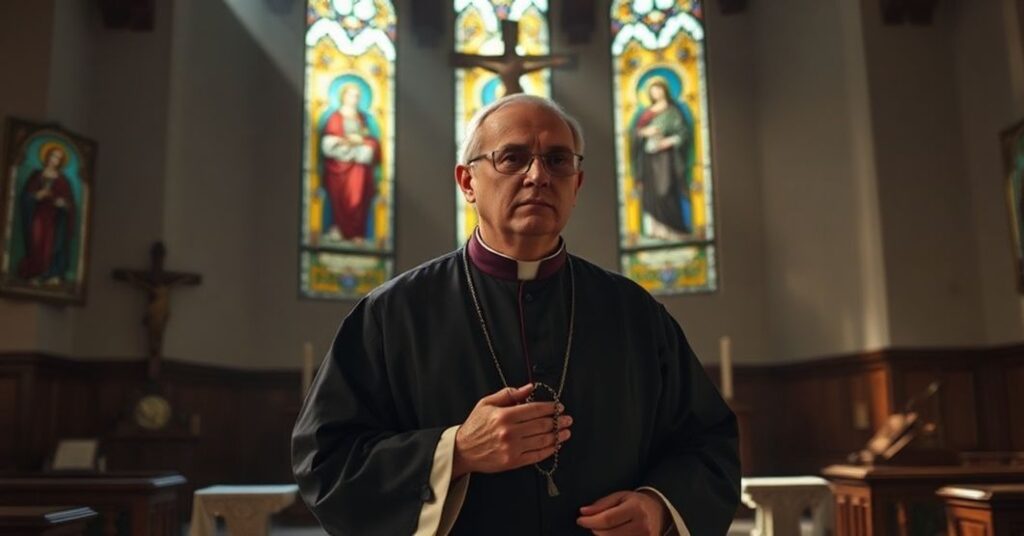 Ksiądz w tradycyjnym sutannie stojący przed ołtarzem w kościele, modli się za upadek wiary w Ameryce