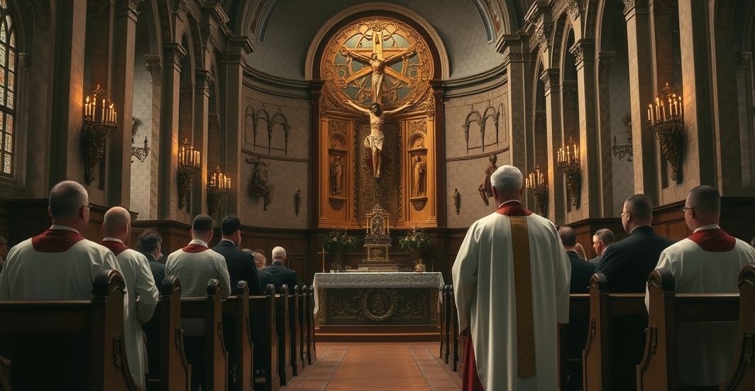 Obraz kryzysu wiary w Kościele katolickim z tradycyjnym kapłanem i ołtarzem Reverentna scena w tradycyjnej katedrze ukazująca kapłana podczas modlitwy, symbolizująca kryzys wiary w Kościele katolickim