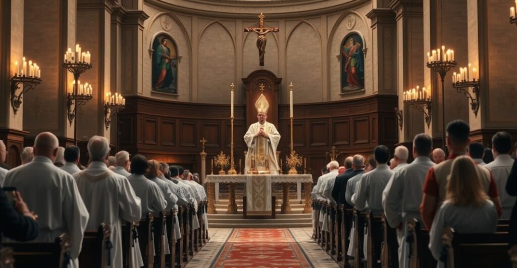 Wnętrze kościoła katolickiego podczas liturgii z biskupem, ukazujące kryzys wiary i odchylenia od tradycji