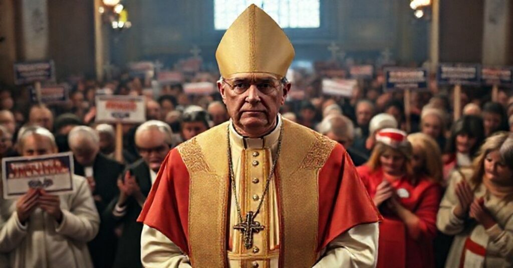 Biskup katolicki w tradycyjnych szatach stoi przed podzielonłymi katolikami amerykańskimi, którzy podzieleni są na tych z plakatami Trumpa i innych w modlitwie. Scena oddaje duchowy konflikt w Koście.