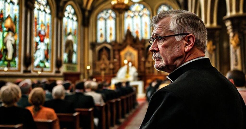 Tradycyjna katolicka msza w kościele z krytycznym obserwatorem słuchającym kazań "bp" Krzysztofa Włodarczyka