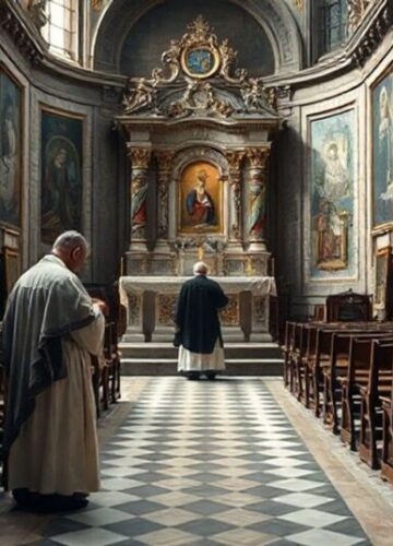 Kryzys wiary we Włoszech - widok tradycyjnego katolika Przedstawienie kryzysu wiary we Włoszech z perspektywy tradycyjnym katolickiej, przedstawiający samotnego kapłana modląc się przed zdewastowanym ołtarzem w opuszczonym kościele.
