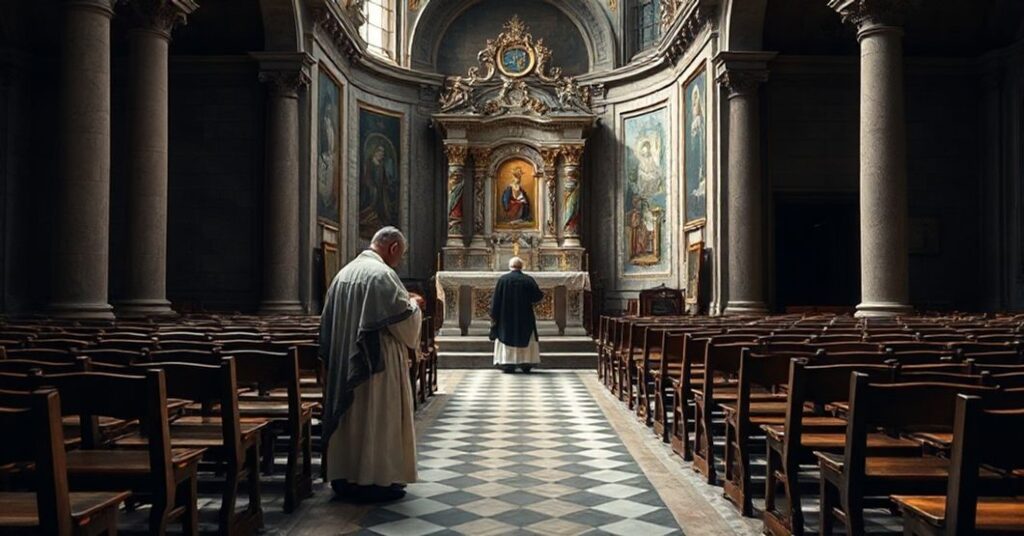 Przedstawienie kryzysu wiary we Włoszech z perspektywy tradycyjnym katolickiej, przedstawiający samotnego kapłana modląc się przed zdewastowanym ołtarzem w opuszczonym kościele.