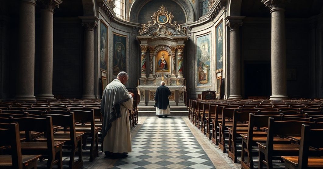 Przedstawienie kryzysu wiary we Włoszech z perspektywy tradycyjnym katolickiej, przedstawiający samotnego kapłana modląc się przed zdewastowanym ołtarzem w opuszczonym kościele.