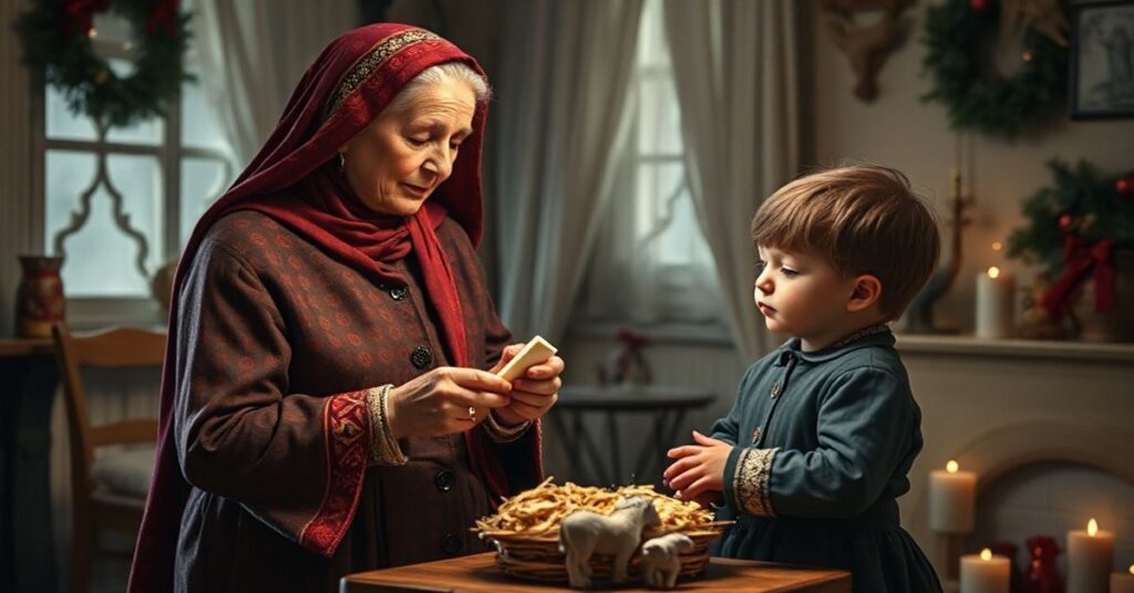 Stara kobieta i dziecko podczas Wigilii w tradycyjnym domu polskim bez nawiązania do sakramentalnej głębokości