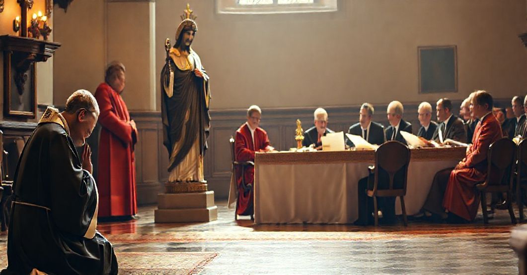 Czarno-biały zdjęcie przedstawiające księdza w sutannie modlącego się przed statuą Chrystusa Króla, podczas gdy grupa polityków dyskutuje na tle, symbolizując konflikt między światowymi władzami a boskim porządkiem