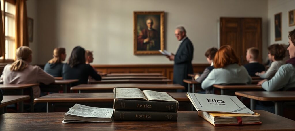 Tradycyjna katolicka klasa z uczniami słuchającymi księdza podczas nauki religii, z tłem symbolizującym zapomnianą dziedziczną wiarę i kryzys edukacji katolickiej w Polsce.