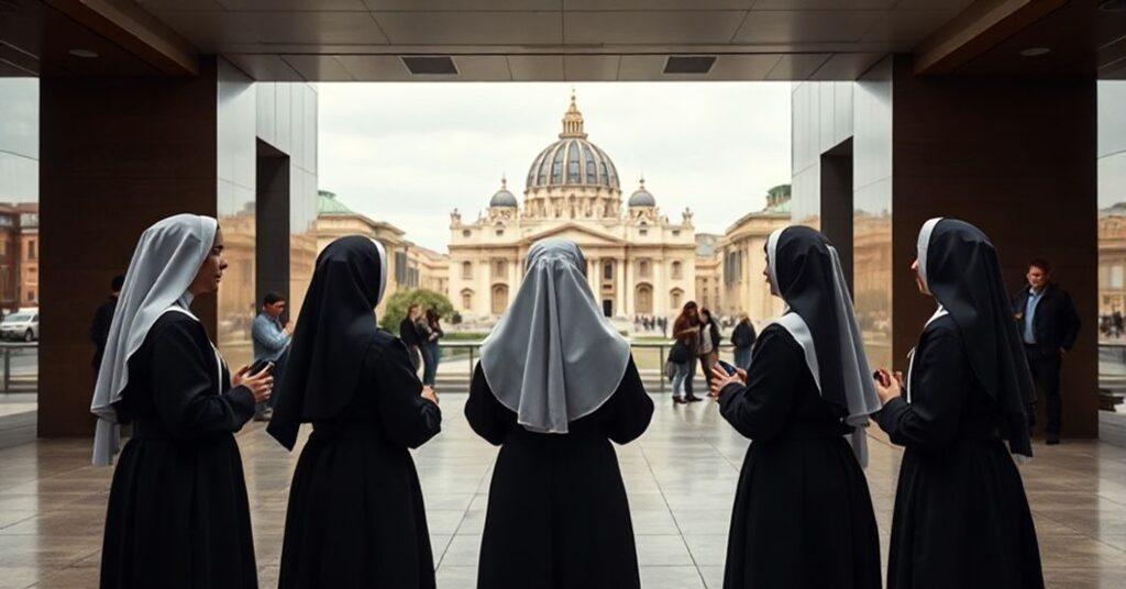 Grupa sióstr zakonnych w habitach stojących w świeckim otoczeniu przed widokiem bazyliki św. Piotra w Rzymie, symbolizujących kryzys posoborowego życia zakonnego.