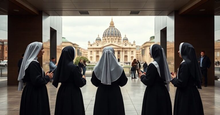 Grupa sióstr zakonnych w habitach stojących w świeckim otoczeniu przed widokiem bazyliki św. Piotra w Rzymie, symbolizujących kryzys posoborowego życia zakonnego.
