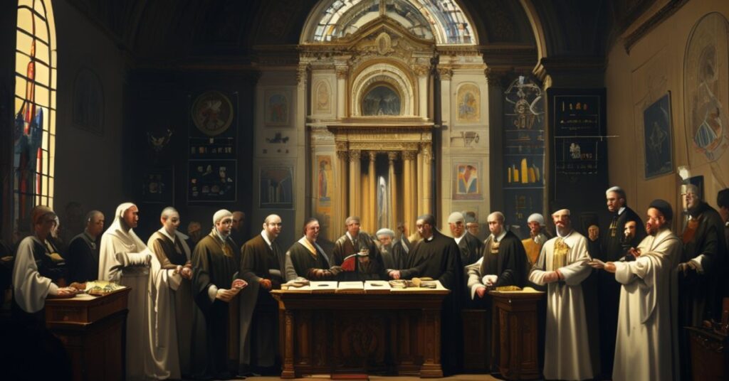 Grupa pracowników Watykanu w tradycyjnych strojach stojących w biurze z elementami biurokracji i symbolami religijnymi.