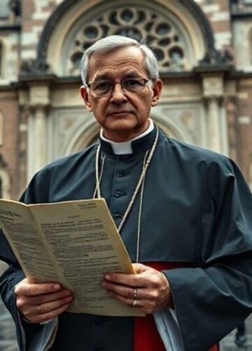 Kryzys zaufania do Kościoła po Soborze Watykańskim II Członek kleru w tradycyjnym habitacie stoi przed ruinami nowoczesnego kościoła, trzymając uszkodzone dokumenty Soboru Watykańskiego II. Wokół niego zebrani wierni wykazują wyrazy smutku i niepokoju.