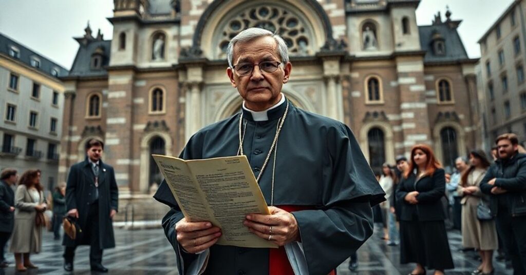 Członek kleru w tradycyjnym habitacie stoi przed ruinami nowoczesnego kościoła, trzymając uszkodzone dokumenty Soboru Watykańskiego II. Wokół niego zebrani wierni wykazują wyrazy smutku i niepokoju.