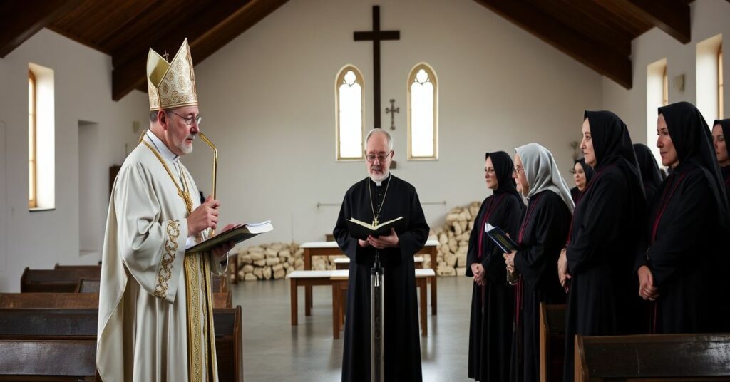 Biskup Andrzej Kaleta w nowoczesnej kaplicy z karmelitankami w tradycyjnych habitach, głoszący homilię pełną teologicznych nieścisłości i modernistycznych przesłań.