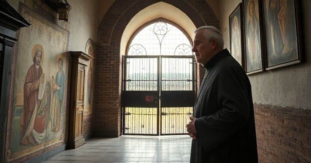 Obraz ukazujący starożytnego katolickiego mnicha w historycznym prawosławnym klasztorze, symbolizujący kryzys autorytetu duchowego i rozkład jedności Kościoła schizmatyckiego