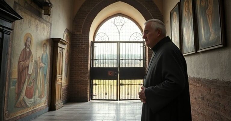 Obraz ukazujący starożytnego katolickiego mnicha w historycznym prawosławnym klasztorze, symbolizujący kryzys autorytetu duchowego i rozkład jedności Kościoła schizmatyckiego